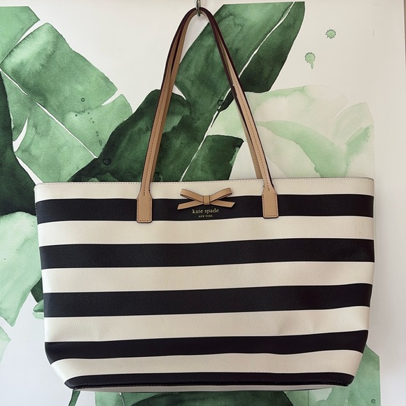 Kate Spade Black and White Striped Leather Tote Great Condition - Picture 1 of 16